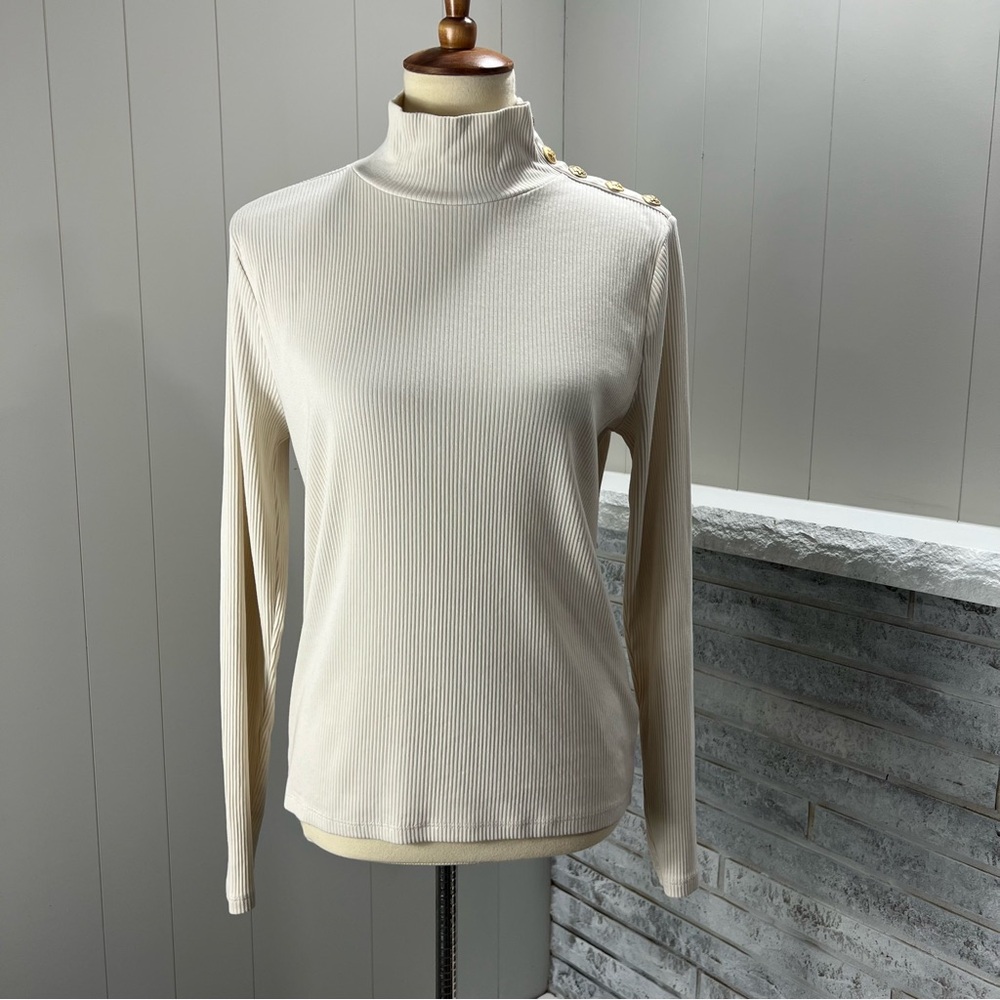 J. Crew Vintage Rib Turtleneck Gold Crest Button Shoulder Long Sleeve Top L